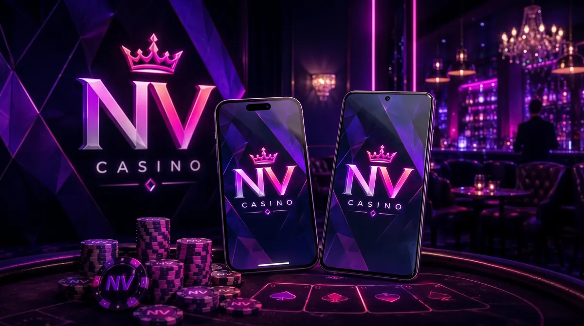 Aplikacja NV Casino na smartfonach iPhone i Android – ekran startowy z logo NV Casino